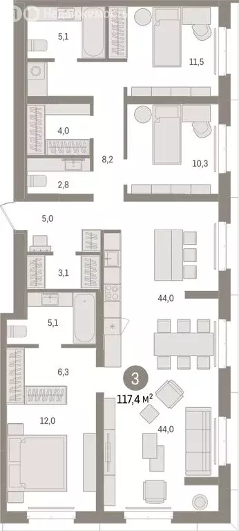 3-комнатная квартира: Тюмень, жилой комплекс На Минской (117.35 м) - Фото 1