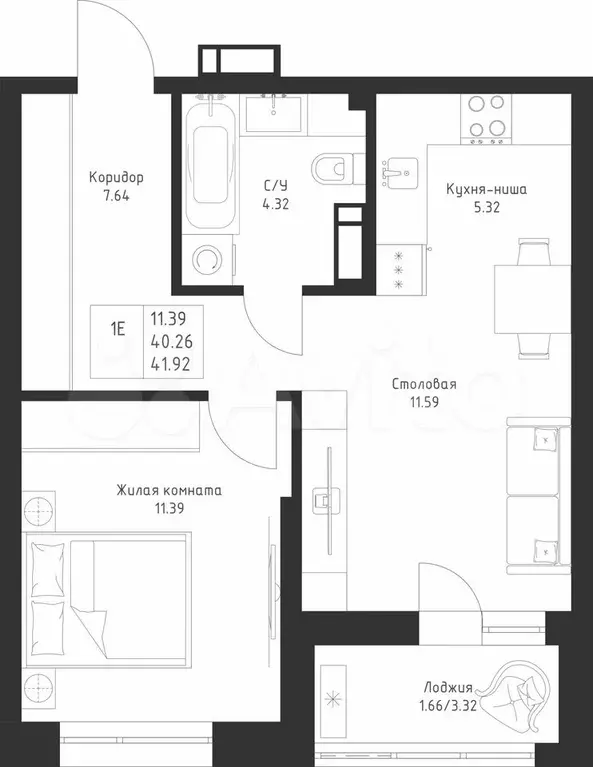 1-к. квартира, 41,9 м, 3/23 эт. - Фото 0