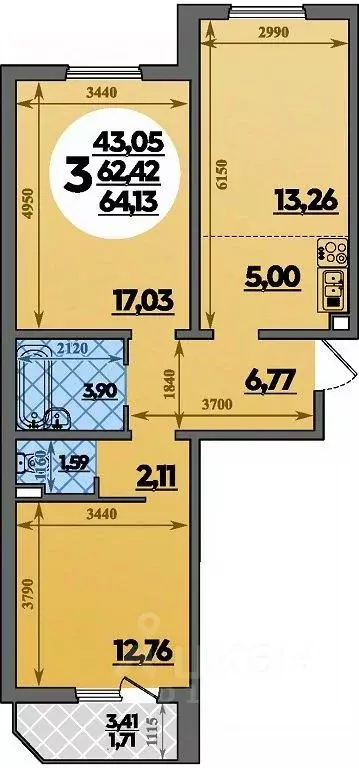 3-к кв. Краснодарский край, Краснодар пос. Березовый, ул. Имени ... - Фото 1