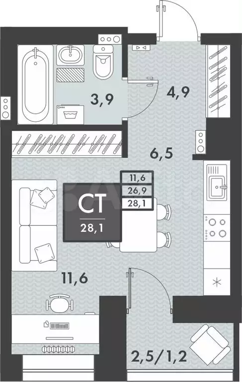 Квартира-студия, 28,1 м, 3/16 эт. - Фото 0