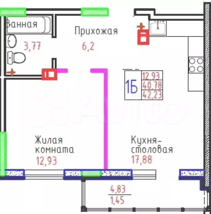 1-к. квартира, 42,2м, 2/9эт. - Фото 1