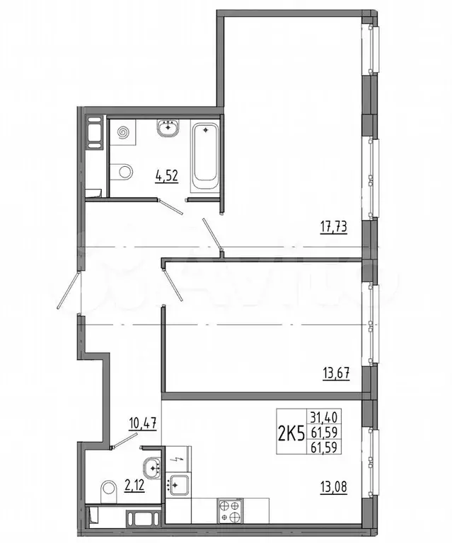 2-к. квартира, 61,6 м, 2/8 эт. - Фото 0