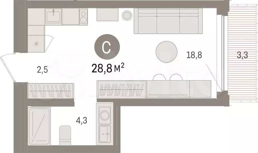 Квартира-студия, 28,8 м, 7/25 эт. - Фото 1