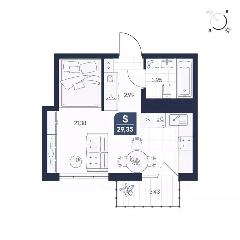 Студия Новгородская область, Великий Новгород Медь кв-л,  (29.35 м) - Фото 1