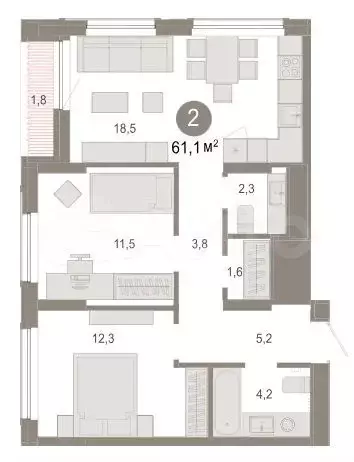 2-к. квартира, 61 м, 2/25 эт. - Фото 0