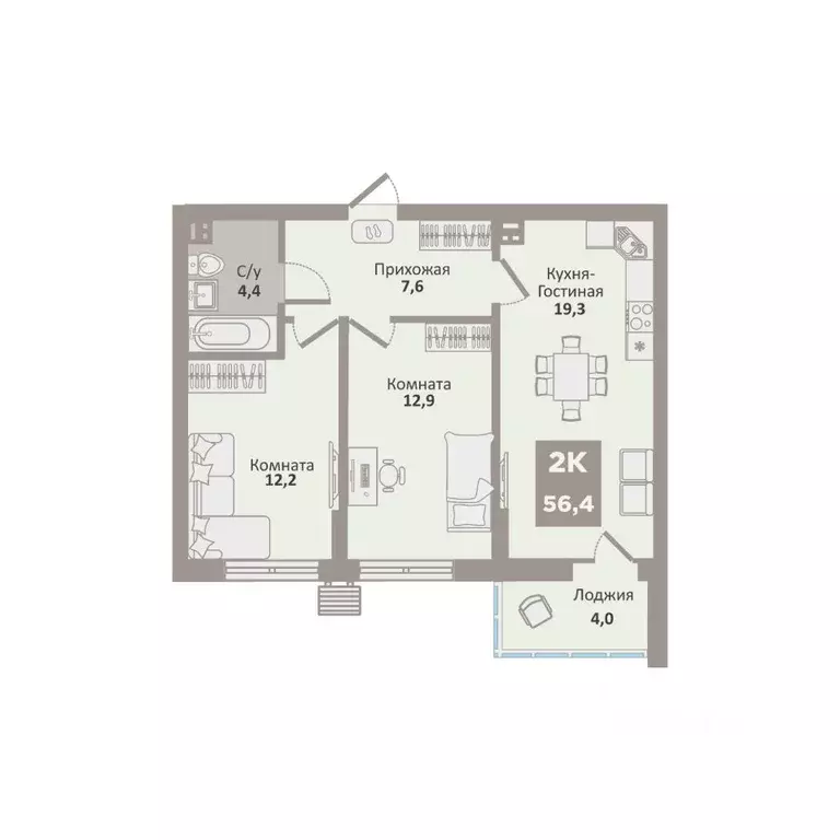 2-к кв. Курганская область, Курган Заозерный жилрайон, 12-й мкр, 1 ... - Фото 1