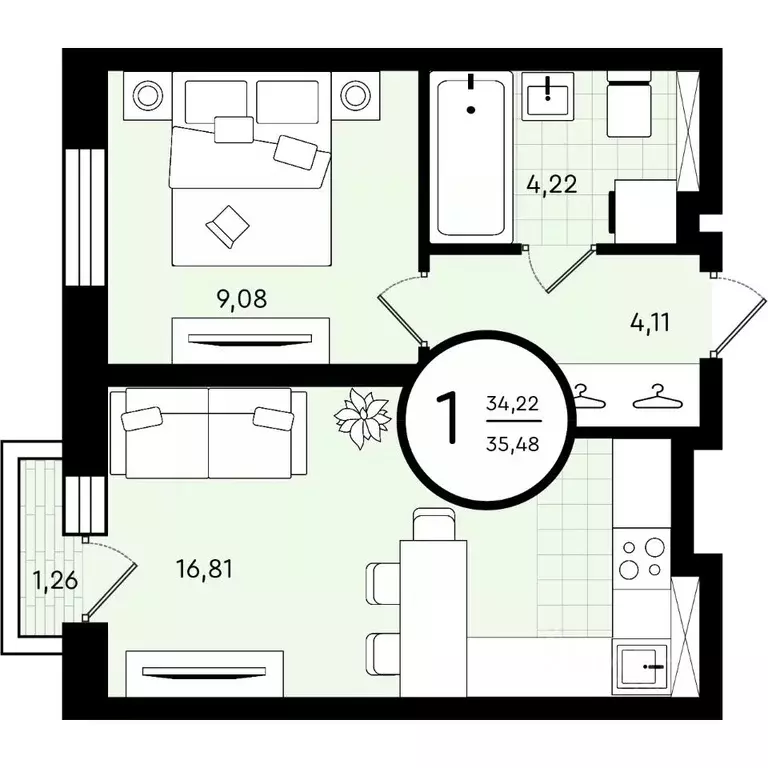 1-к кв. Тюменская область, Тюмень ул. Александра Звягина, 2 (35.48 м) - Фото 1