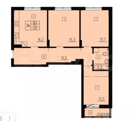 3-к. квартира, 78,3 м, 1/9 эт. - Фото 1