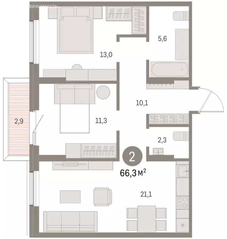 2-комнатная квартира: Курган, жилой район Центральный, ЖК Дом Кино ... - Фото 2