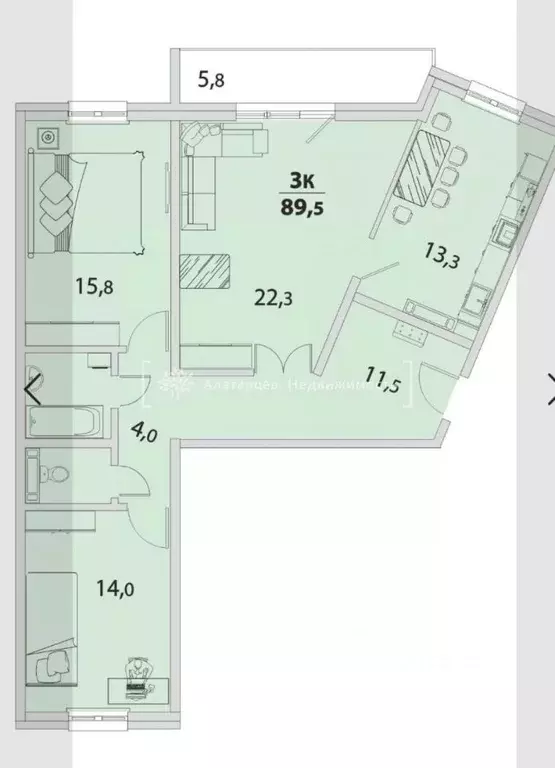 3-к кв. Томская область, Томск ул. Береговая, 25 (86.9 м) - Фото 2
