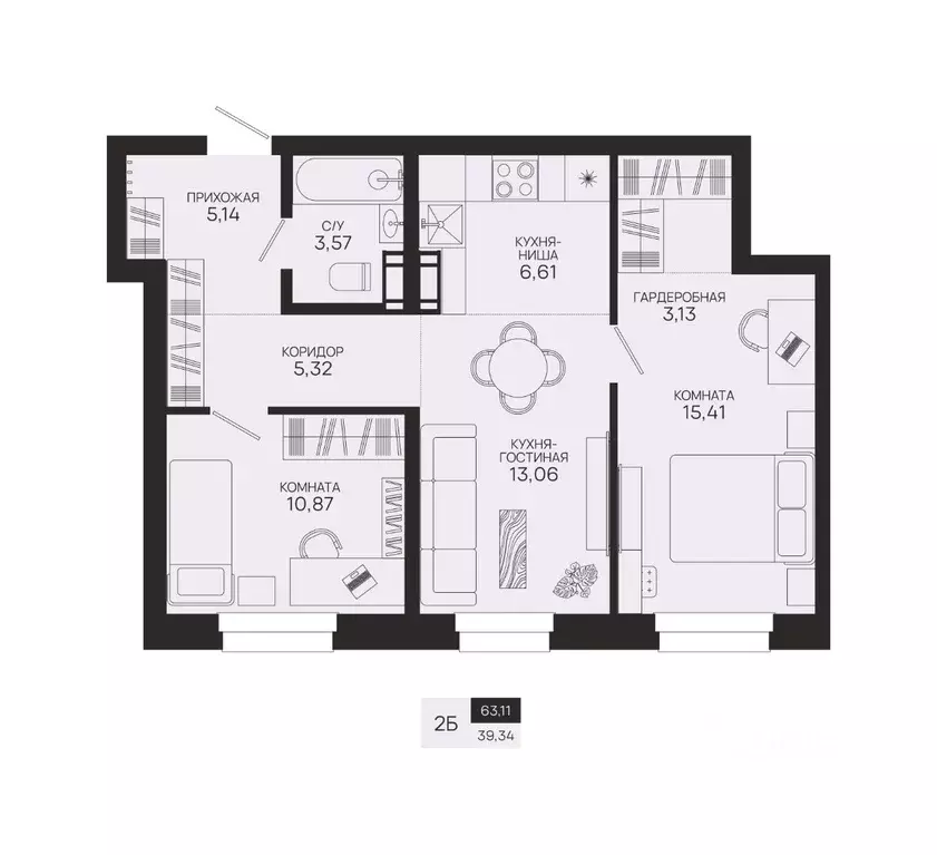 2-к кв. Ханты-Мансийский АО, Сургутский район, Федоровский городское ... - Фото 1