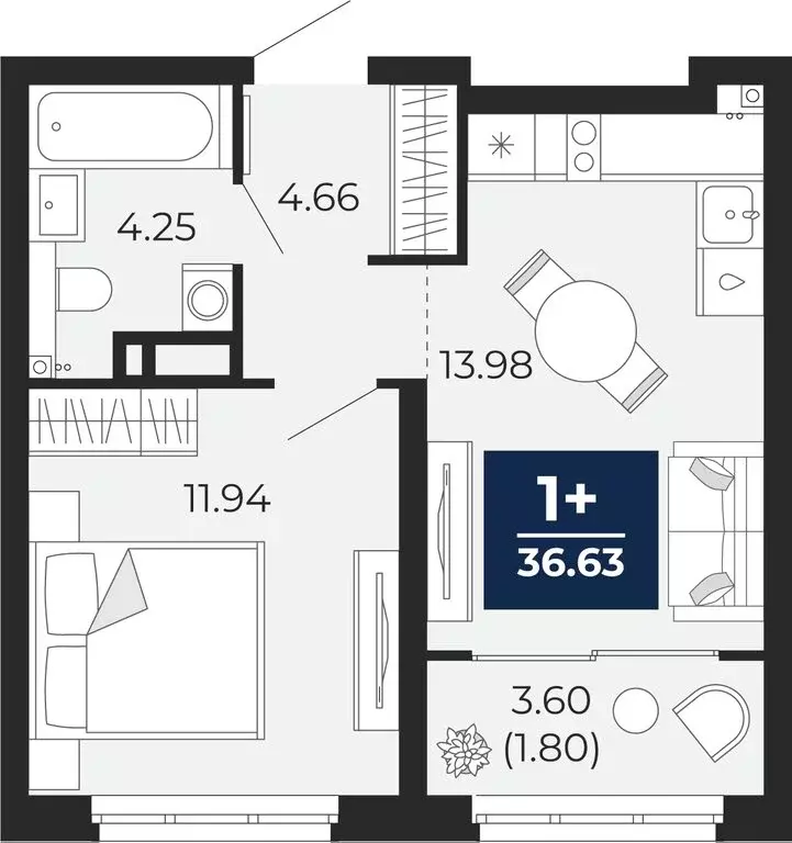 1-комнатная квартира: Тюмень, Арктическая улица, 14 (36.63 м) - Фото 0