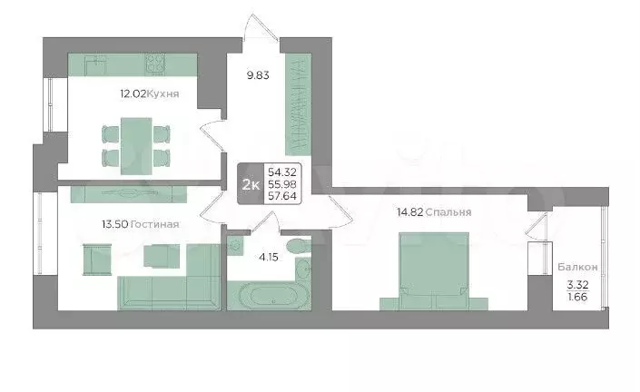 2-к. квартира, 57,6 м, 1/9 эт. - Фото 1