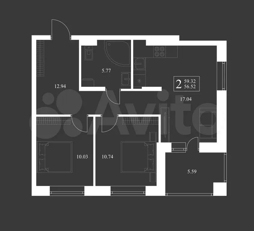 2-к. квартира, 59,3 м, 15/17 эт. - Фото 1