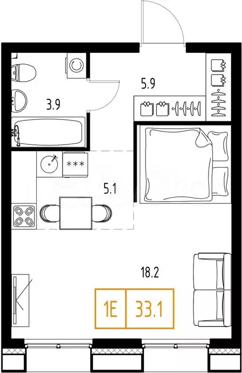 Квартира-студия, 33,1 м, 6/9 эт. - Фото 1