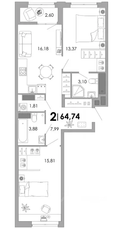 2-к кв. Владимирская область, Владимир Уно жилой комплекс (64.74 м) - Фото 1