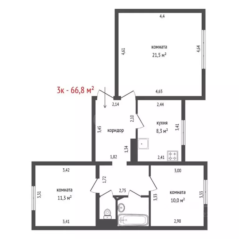 3-к кв. Свердловская область, Екатеринбург ул. Шейнкмана, 108 (66.8 м) - Фото 2