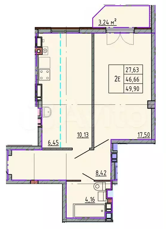 1-к. квартира, 49,8 м, 4/5 эт. - Фото 0