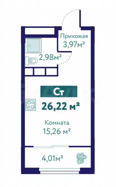 Квартира-студия, 26,2 м, 5/10 эт. - Фото 1