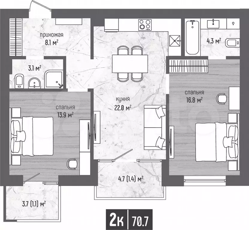 2-к. квартира, 70,7 м, 1/5 эт. - Фото 1