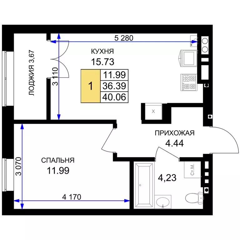 1-комнатная квартира: Гурьевск, жилой комплекс Включи (40.06 м) - Фото 0