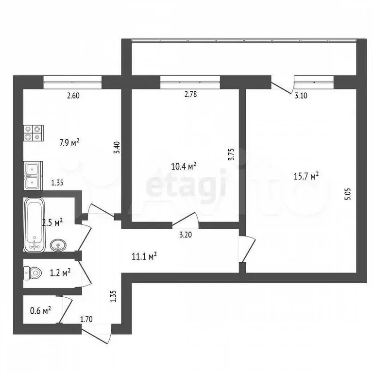 2-к. квартира, 49,4 м, 4/5 эт. - Фото 0