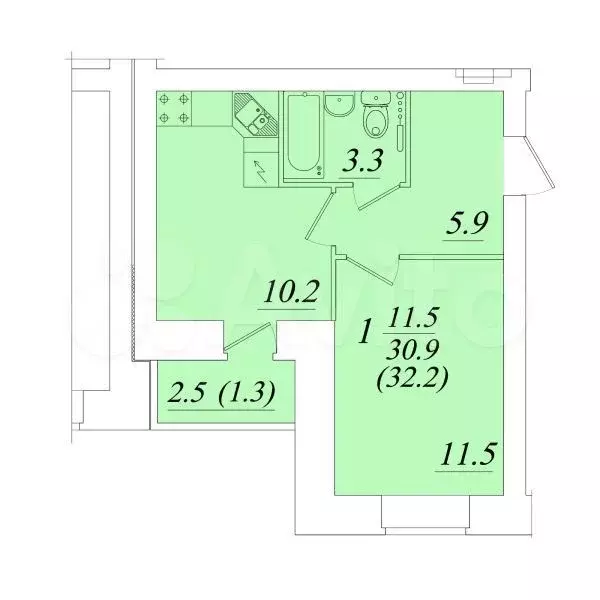 1-к. квартира, 32,2 м, 7/9 эт. - Фото 0