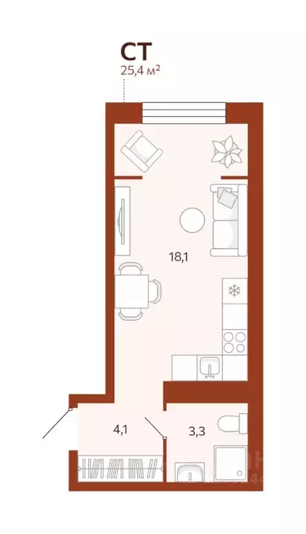 Студия Тюменская область, Тюмень ул. Новаторов, 30 (25.44 м) - Фото 0