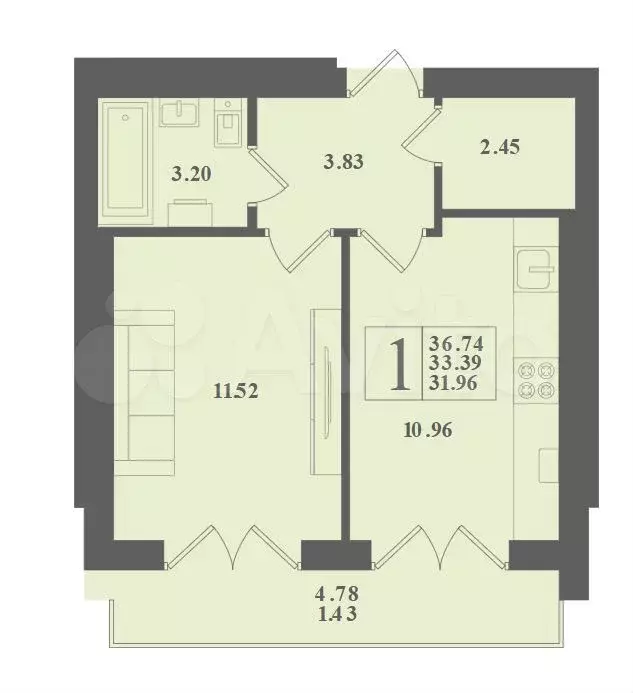 1-к. квартира, 36,7 м, 2/4 эт. - Фото 1