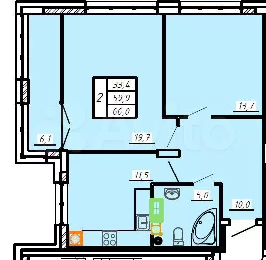 2-к. квартира, 66 м, 5/5 эт. - Фото 1