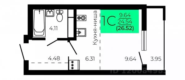 Студия Воронежская область, Воронеж Оникс жилой комплекс (26.52 м) - Фото 1