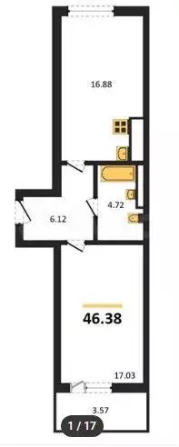 1-к. квартира, 46,4 м, 6/7 эт. - Фото 1