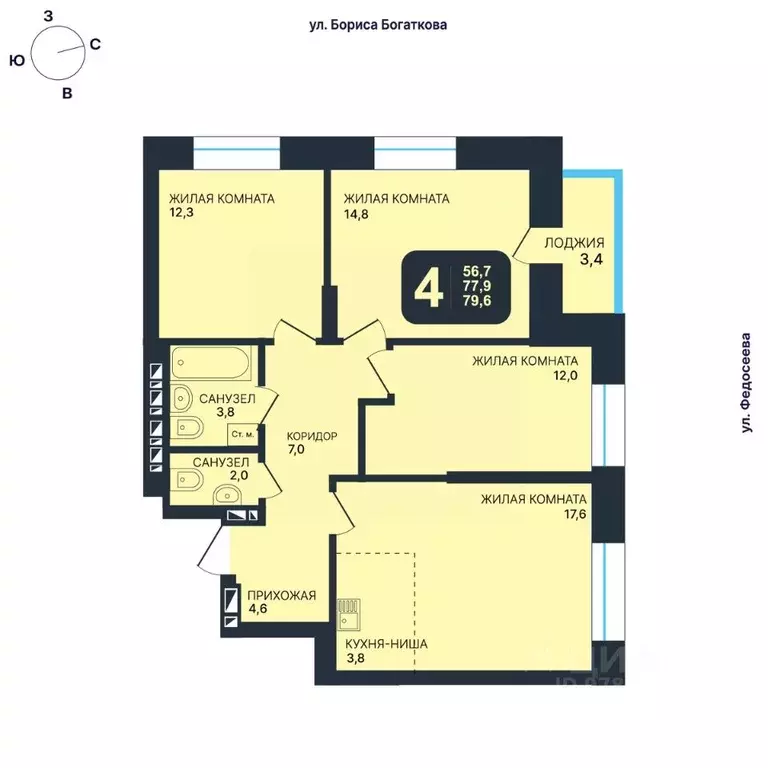 4-к кв. Новосибирская область, Новосибирск ул. Гаранина, 33/6 (79.6 м) - Фото 0