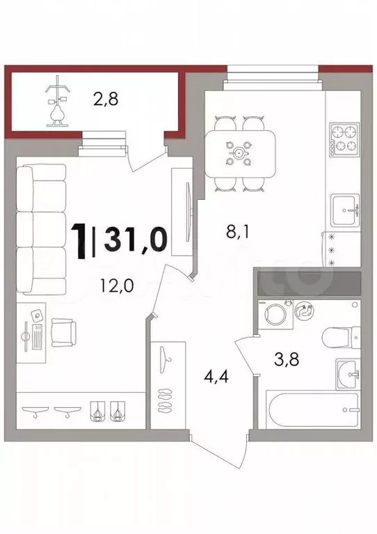 1-к. квартира, 31 м, 2/18 эт. - Фото 1