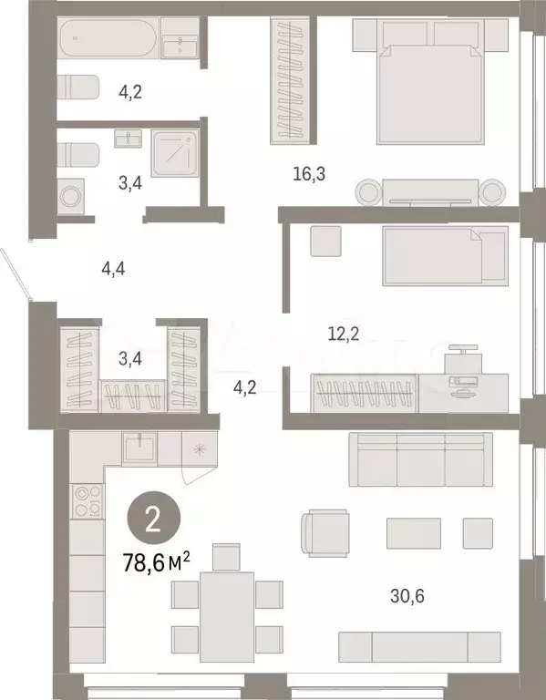 2-к. квартира, 78,6 м, 1/23 эт. - Фото 1