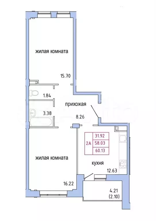 2-к. квартира, 60.1 м, 2/9 эт. - Фото 1