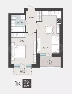 1-к. квартира, 41,7 м, 9/9 эт. - Фото 1