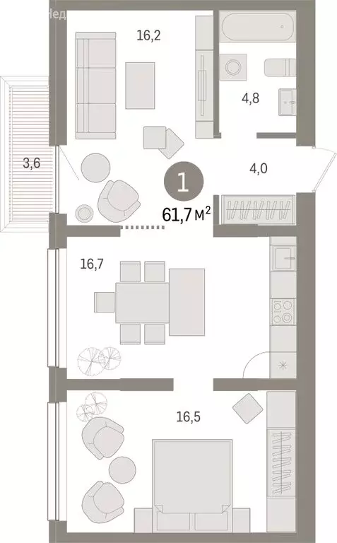 2-комнатная квартира: Тюмень, Мысовская улица, 26к1 (61.67 м) - Фото 0