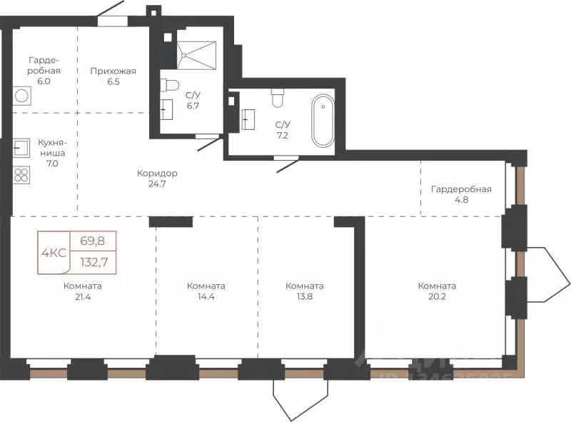 4-к кв. Алтайский край, Барнаул пл. Баварина, 8к1 (132.9 м) - Фото 1