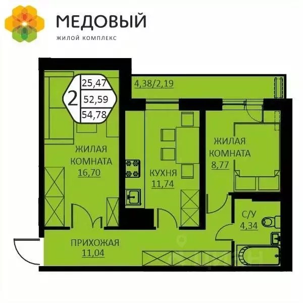 2-к кв. Пермский край, д. Кондратово ул. Н.М. Яблокова, 2 (54.78 м) - Фото 0