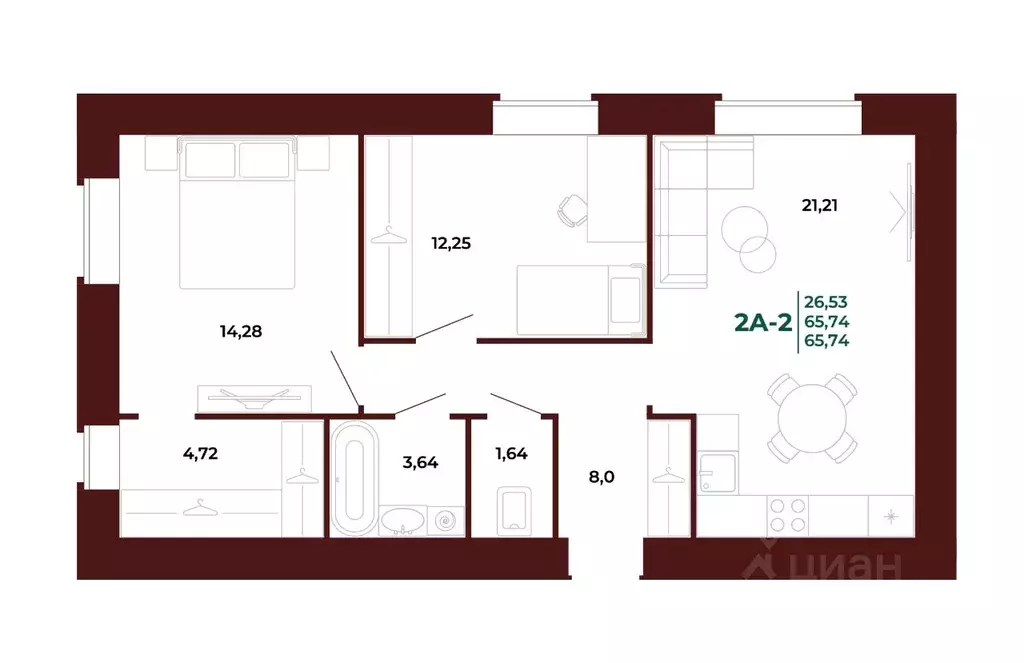 2-к кв. Пензенская область, Пенза Арбери жилой комплекс (66.37 м) - Фото 1