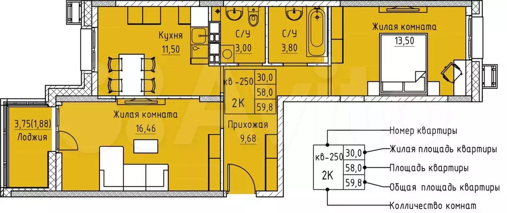 2-к. квартира, 59,8 м, 6/12 эт. - Фото 0