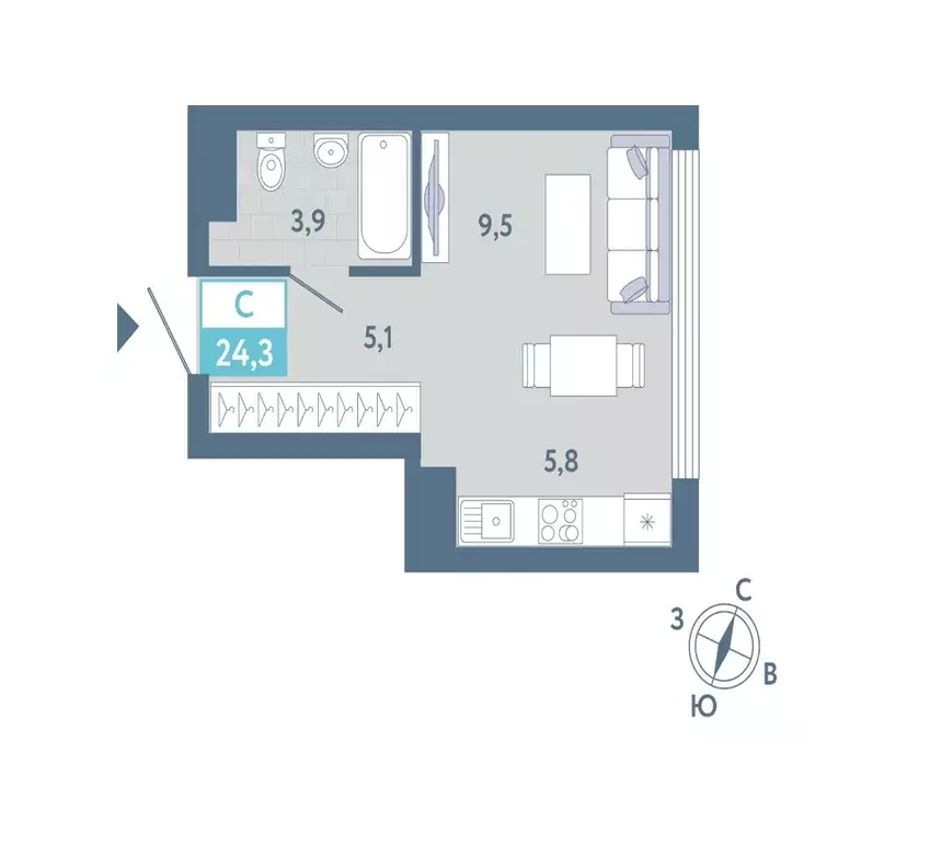 Студия Тюменская область, Тюмень Айрис жилой комплекс (24.3 м) - Фото 1