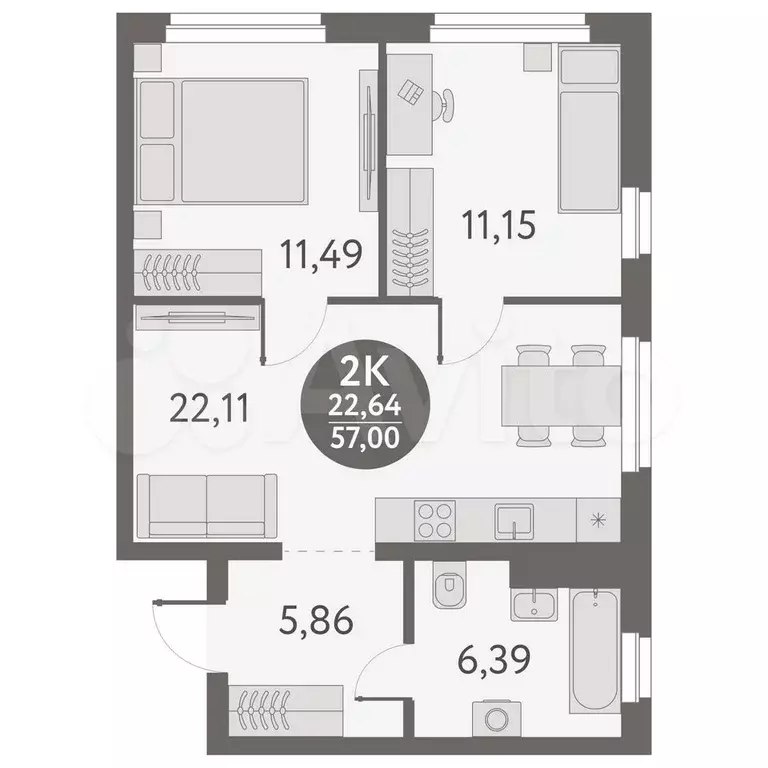 2-к. квартира, 57 м, 3/18 эт. - Фото 0