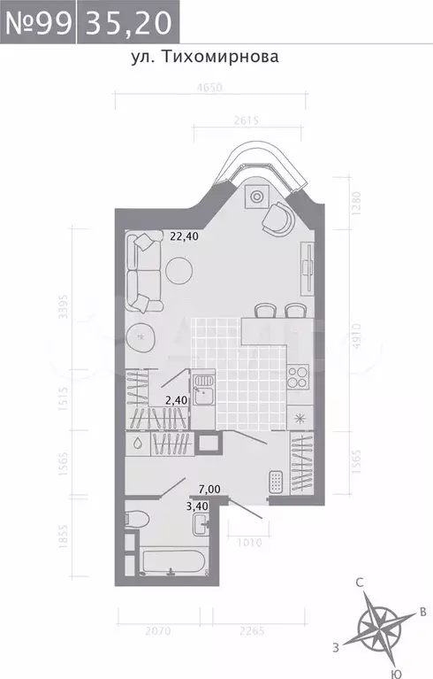 Квартира-студия, 35,2 м, 3/5 эт. - Фото 0