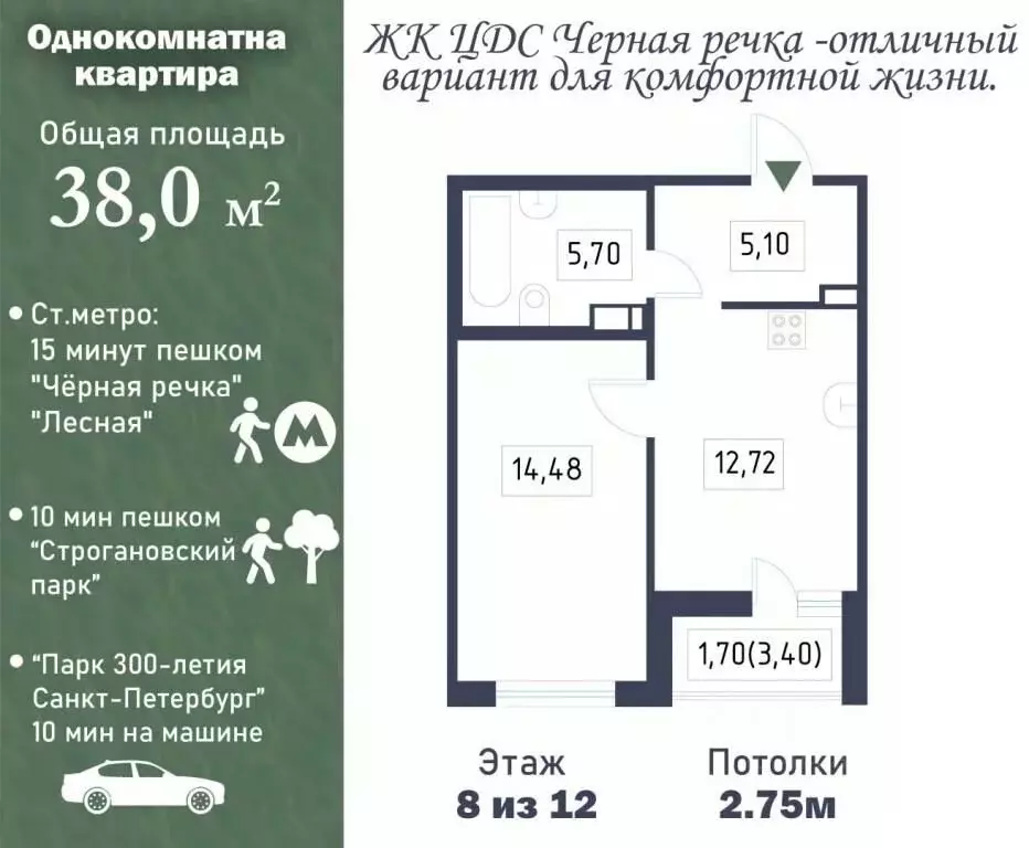 1-к кв. Санкт-Петербург Белоостровская ул., 10к1 (38.0 м) - Фото 2