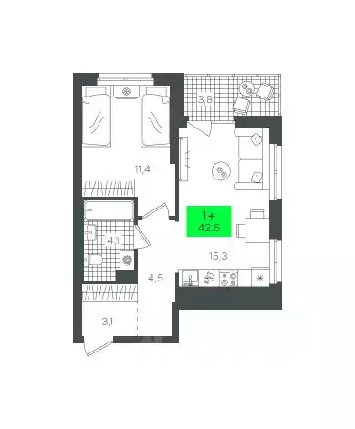 1-к кв. Тюменская область, Тюмень ул. Василия Малкова, 15 (42.52 м) - Фото 0