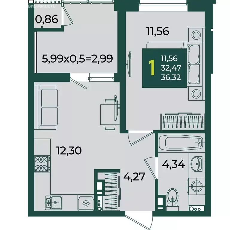 1-комнатная квартира: Краснодар, микрорайон Образцово (36.32 м) - Фото 1
