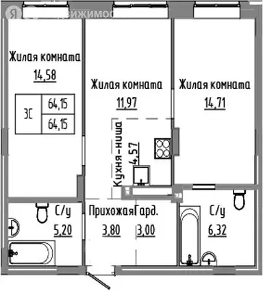 2-комнатная квартира: Краснообск, жилой комплекс Базилик (64.15 м) - Фото 1