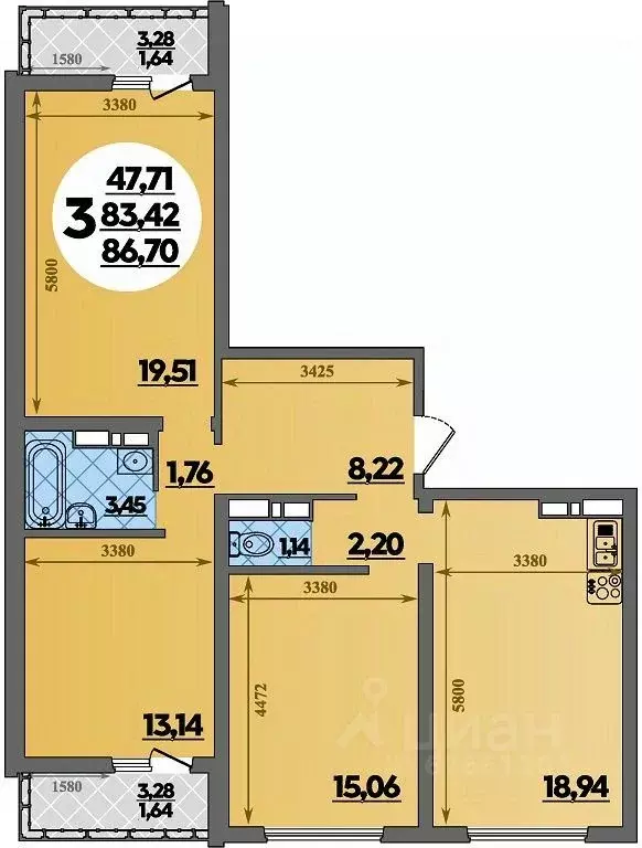 3-к кв. Адыгея, Майкоп  (86.7 м) - Фото 1